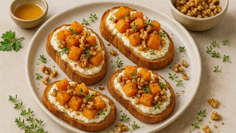 Kürbis-Crostini mit Honig-Chili-Ricotta & Walnüssen
