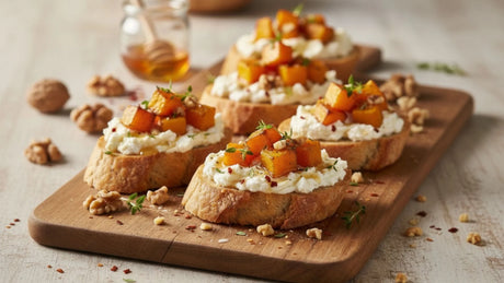 Kürbis-Crostini mit Honig-Chili-Ricotta & Walnüssen