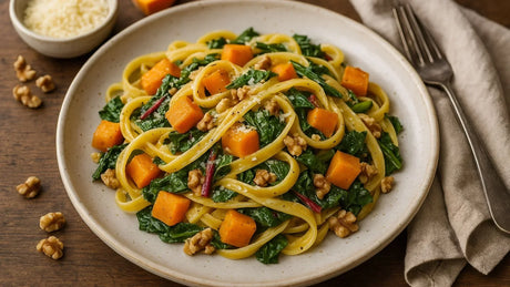 Spätsommerliche Kürbis-Pasta mit Mangold & Walnüssen