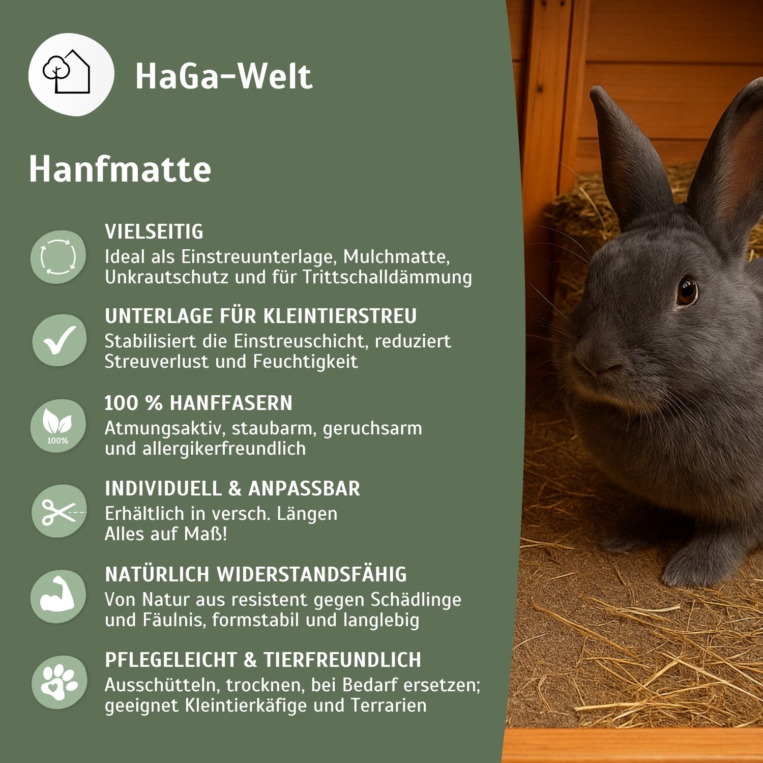Hanfmatte - atmungsaktive Hanfmatte, perfekte Unterlage für Kleintierstreu – HaGa-Welt