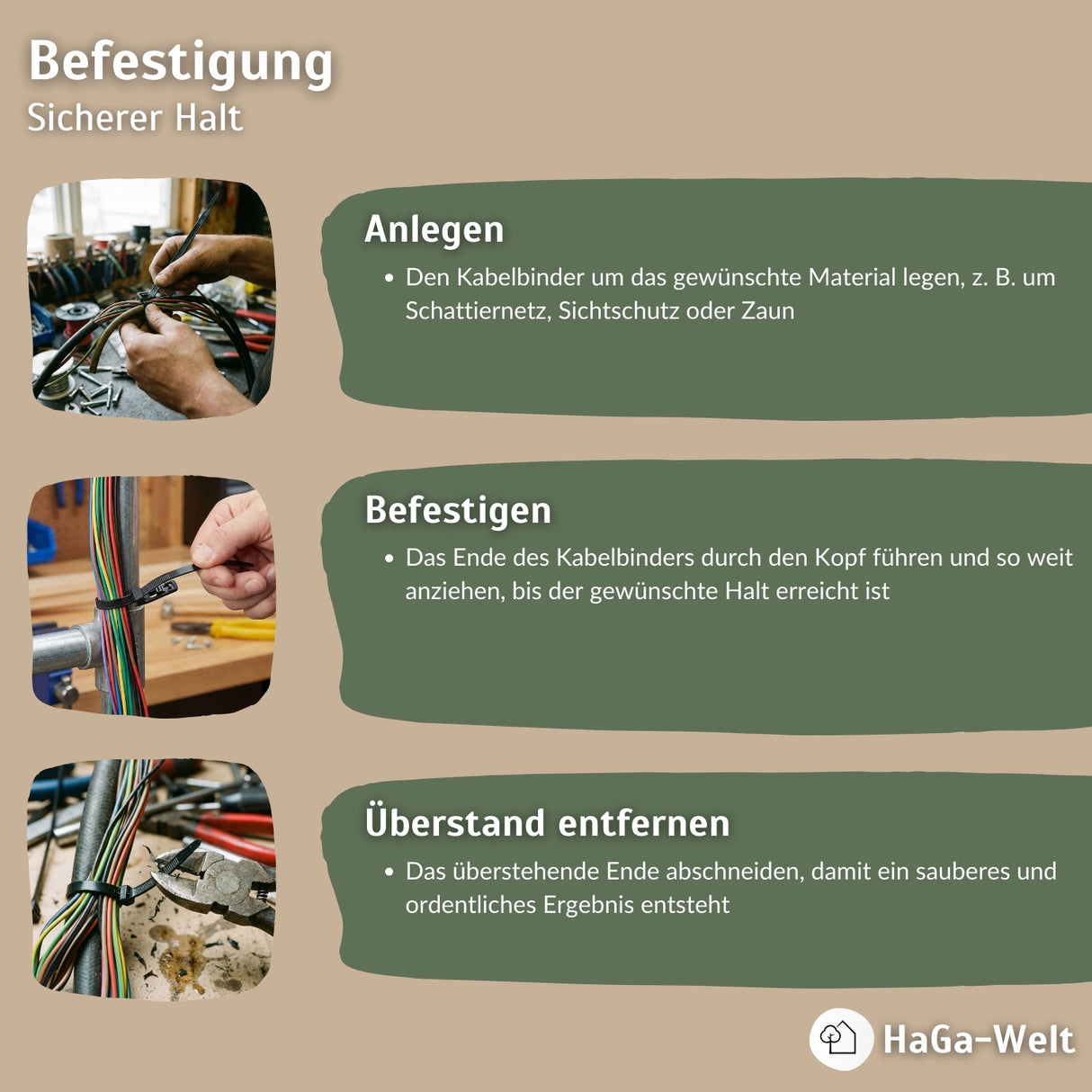 Kabelbinder, 100 Stück, 200 mm x 4,8 mm, für vielfältige Befestigungsmöglichkeiten – HaGa-Welt