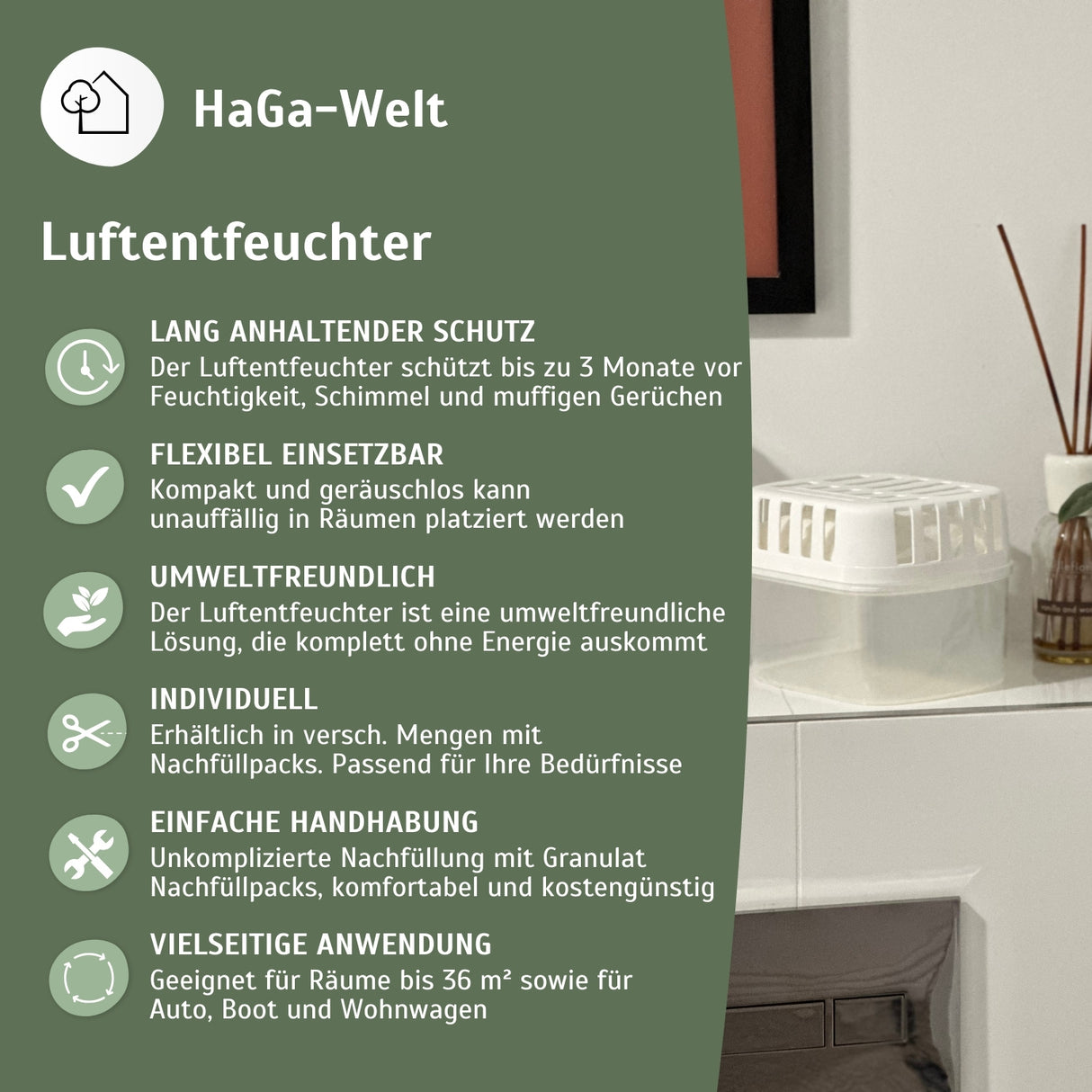 Luftentfeuchter Set inkl. Nachfüllpacks –Gutes Raumklima für Räume bis zu 36 m² – HaGa-Welt