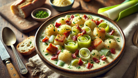 Cremige Porree-Pfanne mit Kartoffeln und Speck