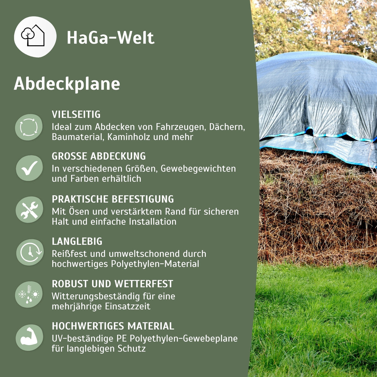 Abdeckplane mit Ösen 70g/m² – zum Abplanen von Gartenmöbeln, Brennholz und mehr – HaGa-Welt