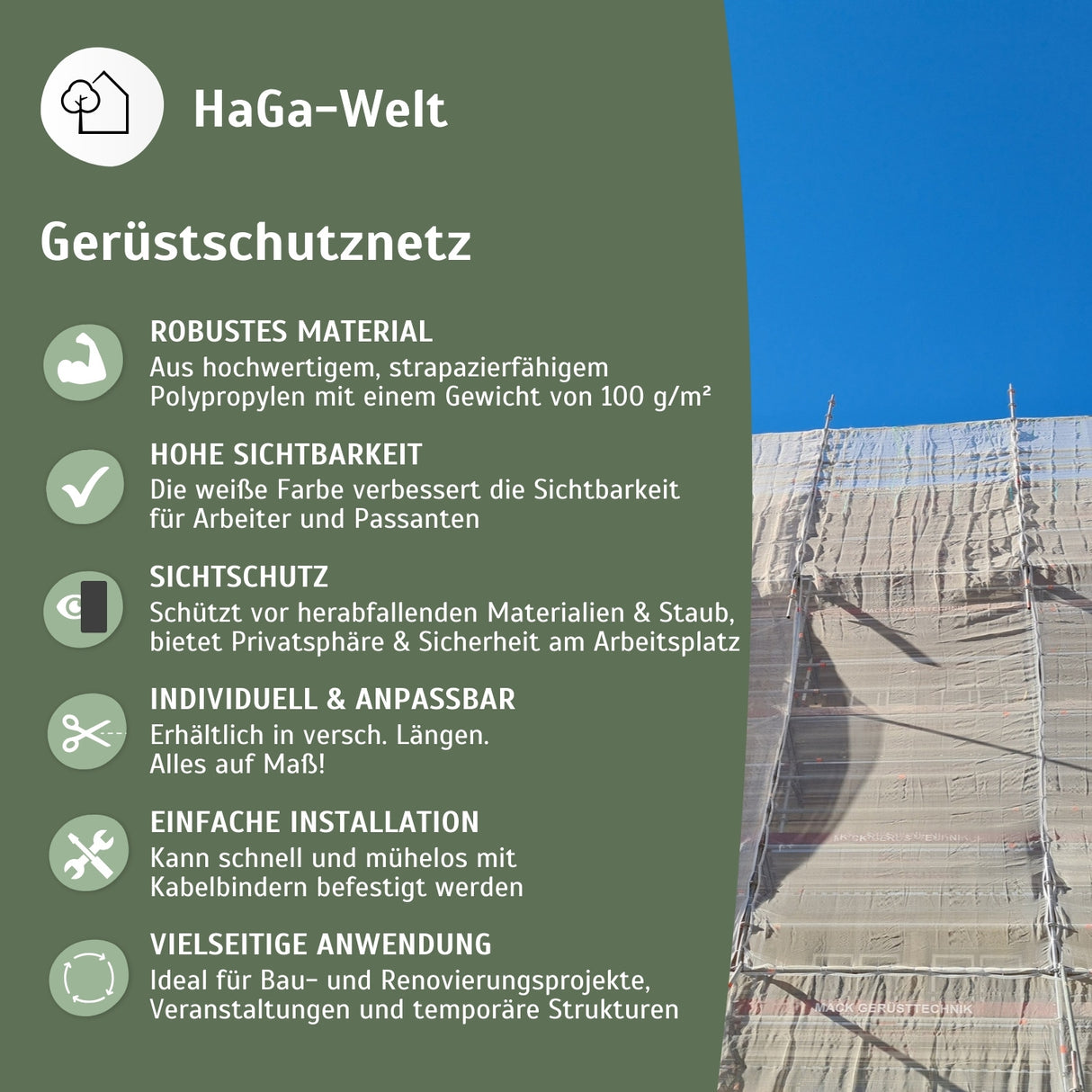Gerüstschutznetz in 2,6m Breite Meterware Schutzabdeckung Schutznetz Weiß – HaGa-Welt