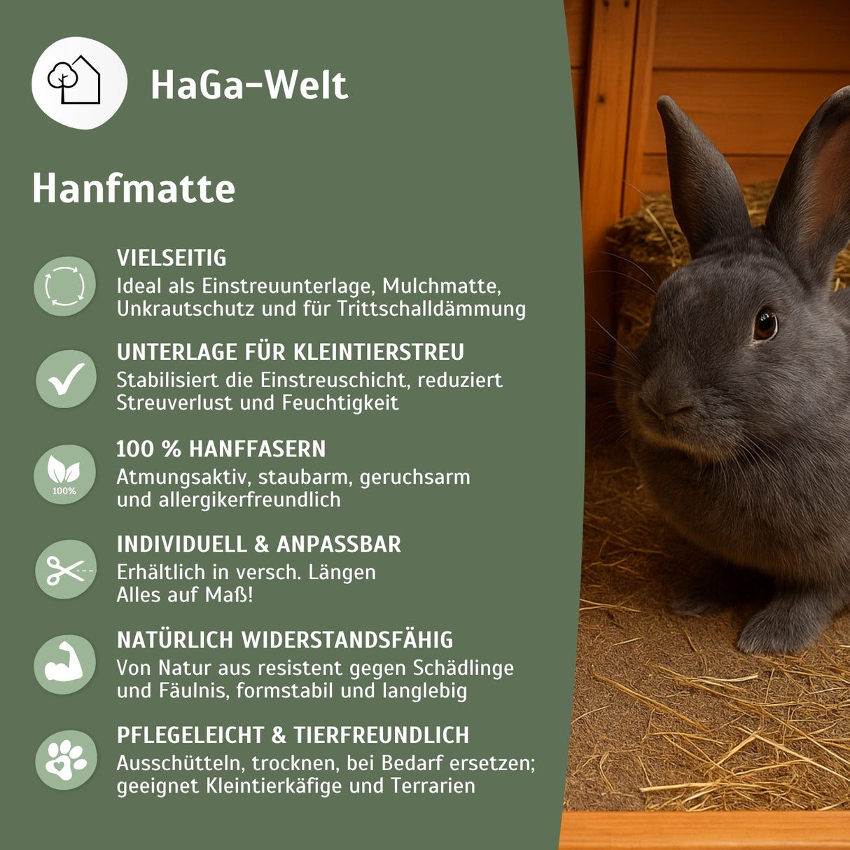 Hanfmatte - atmungsaktive Hanfmatte, perfekte Unterlage für Kleintierstreu – HaGa-Welt