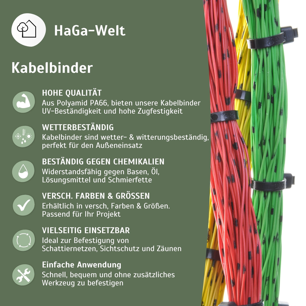 Kabelbinder, 100 Stück, 300 mm x 3,6 mm, für vielfältige Befestigungsmöglichkeiten – HaGa-Welt