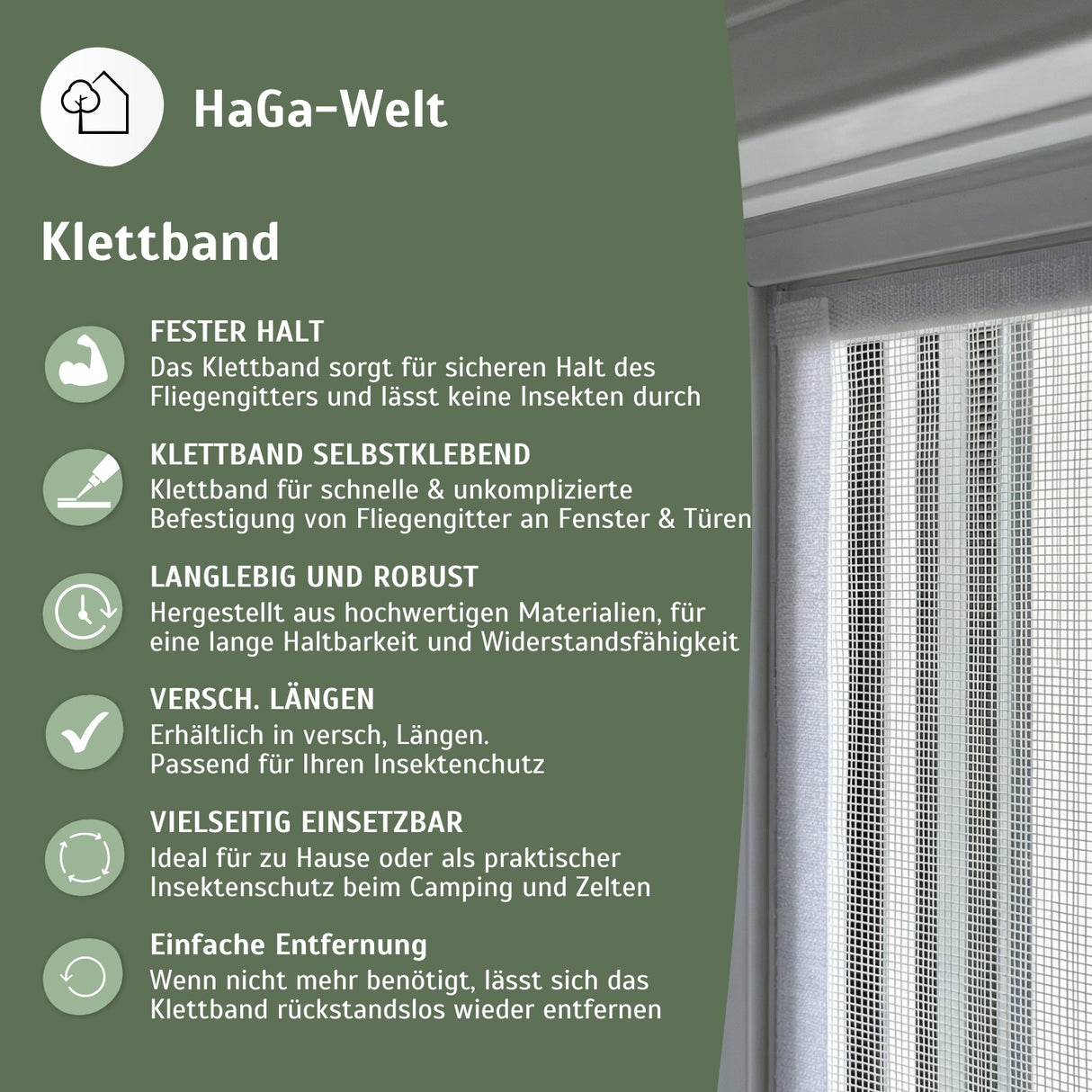 Klettband für Fliegengitter – selbstklebend für sicheren Halt an Fenster und Türen – HaGa-Welt