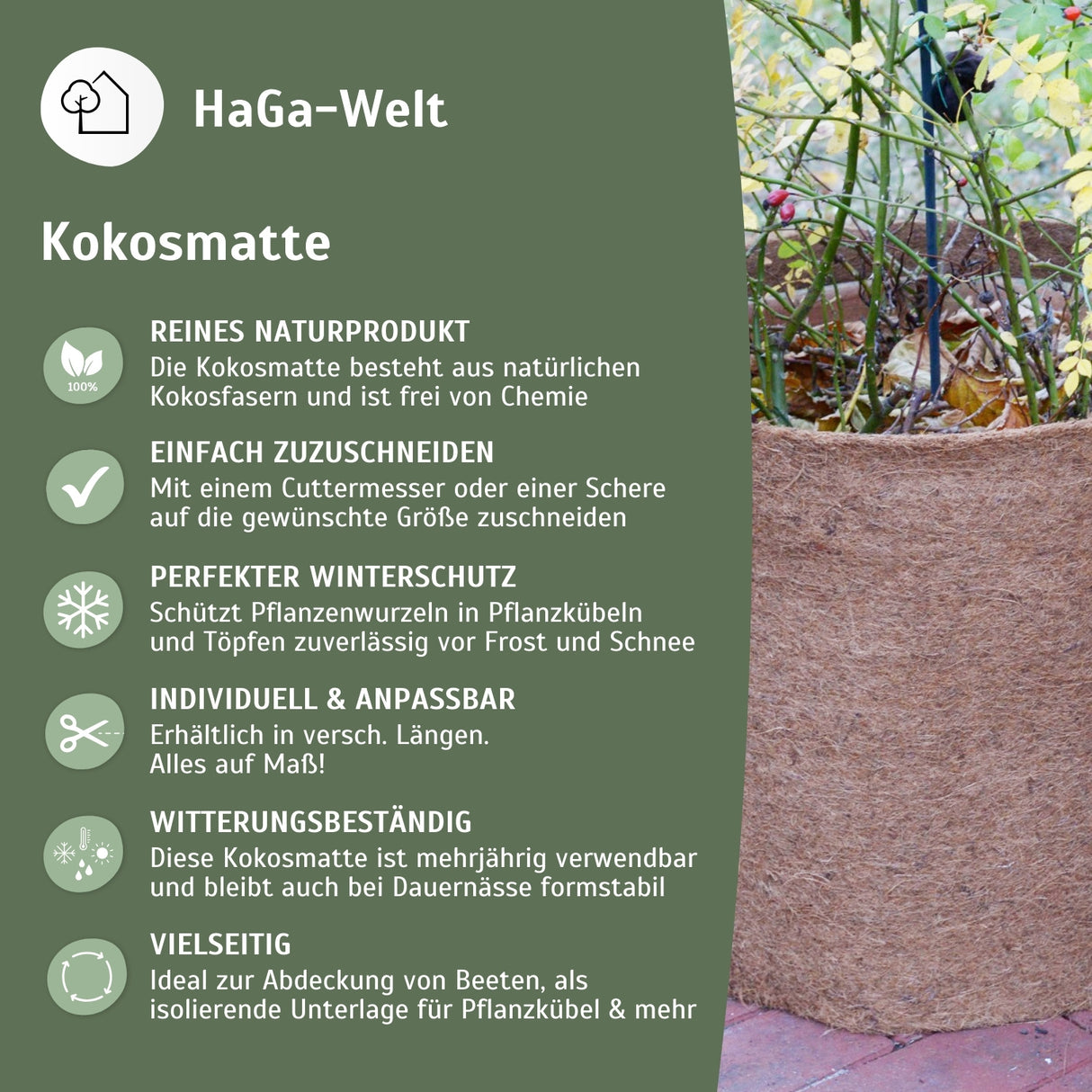 Kokosmatte 0,5 m Breite – Winterschutz beidseitig mit Naturlatex – HaGa-Welt