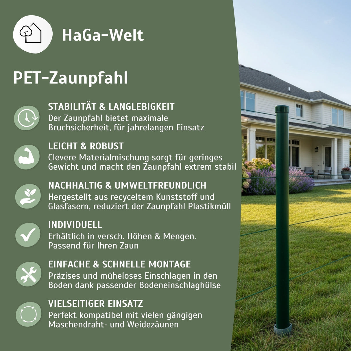 Kunststoffpfahl 3,8cm Stärke aus recyceltem PET Zaunpfahl – HaGa-Welt