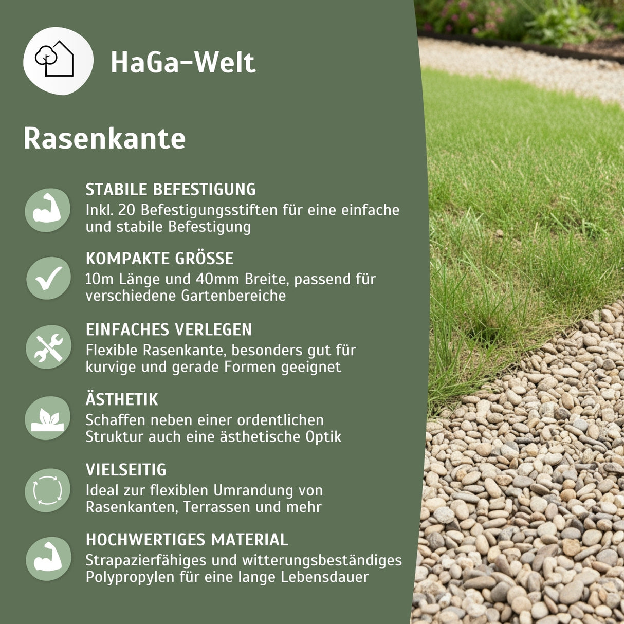 Rasenkante, flexibel 10 m x 40 mm mit 20 Befestigungstiften – Beeteinfassung leicht gemacht – HaGa-Welt