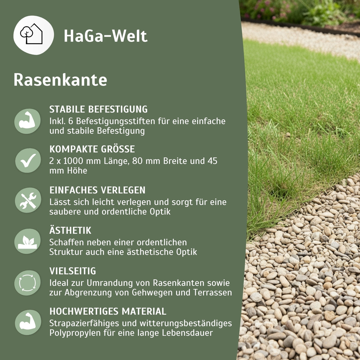 Rasenkante, 1000 mm x 80 mm x 45 mm 2 Stück – stabile Beeteinfassung für gerade Linien – HaGa-Welt