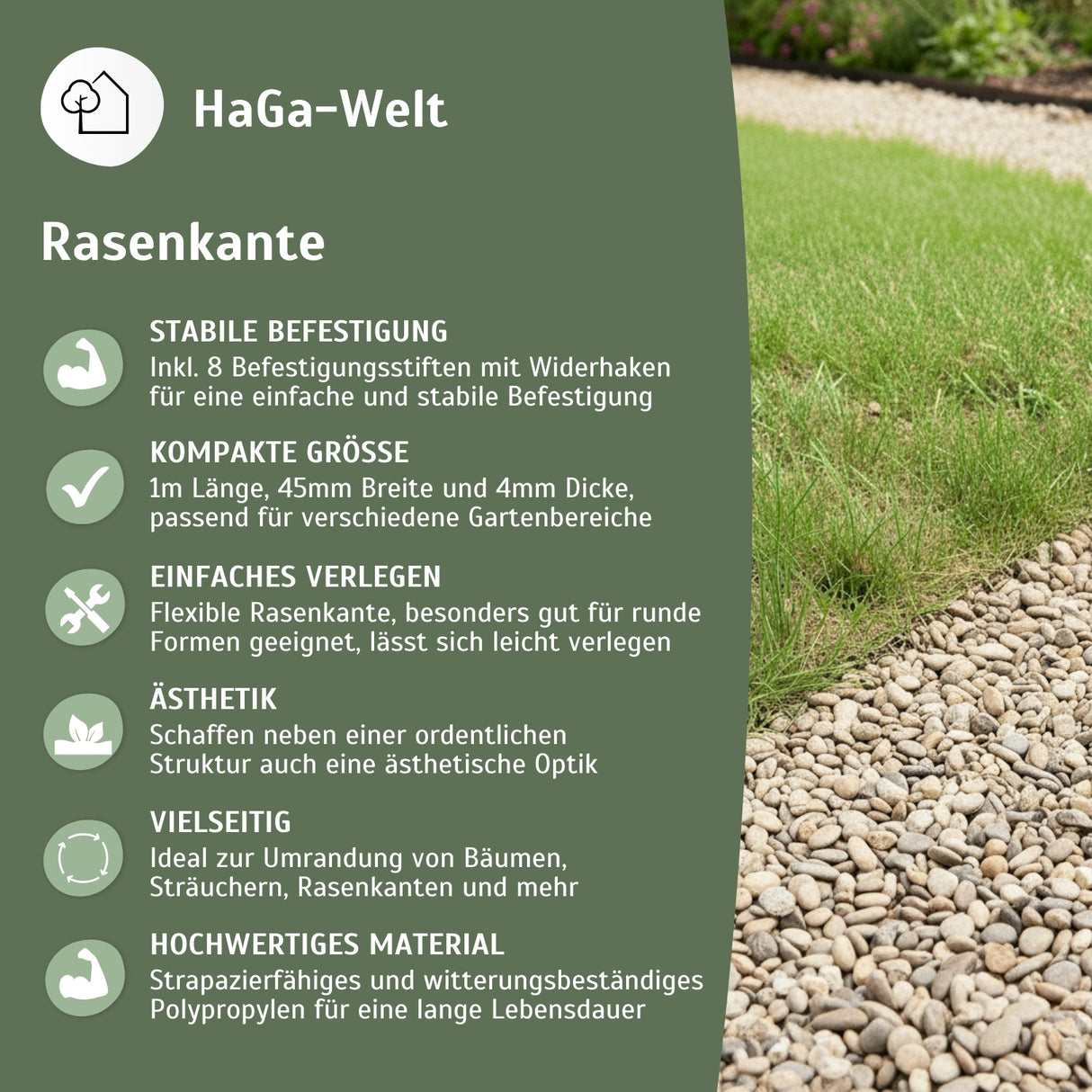 Rasenkante, flexibel rund 1 m x 45 mm – Beeteinfassung für klare Rasenkanten – HaGa-Welt