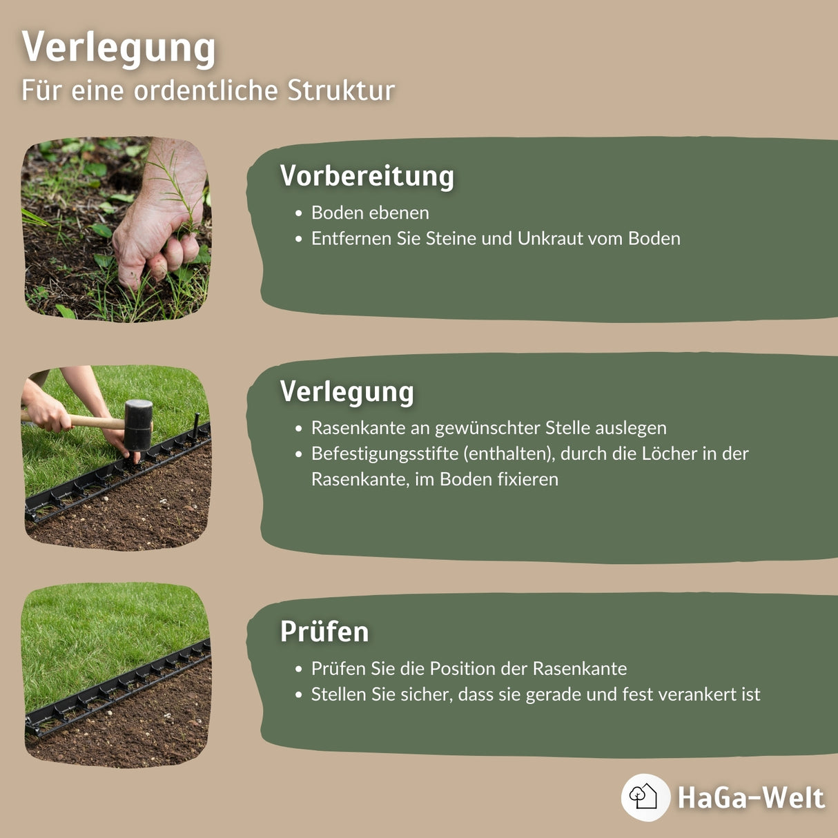 Rasenkante, flexibel 10 m x 40 mm mit 20 Befestigungstiften – Beeteinfassung leicht gemacht – HaGa-Welt
