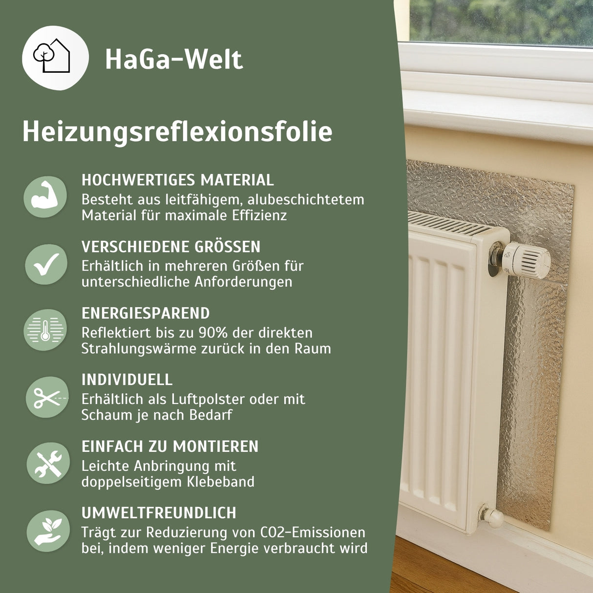 Heizkörper Reflexionsfolie – reflektiert Wärme und spart Heizkosten – HaGa-Welt