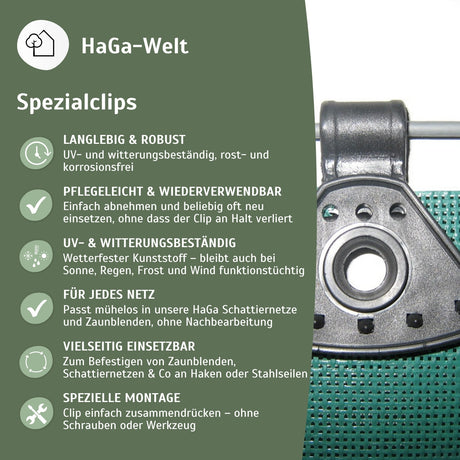 SPEZIALCLIP mit Öse für Schattiernetz, Windschutzgewebe, Zaunblende Netz – HaGa-Welt