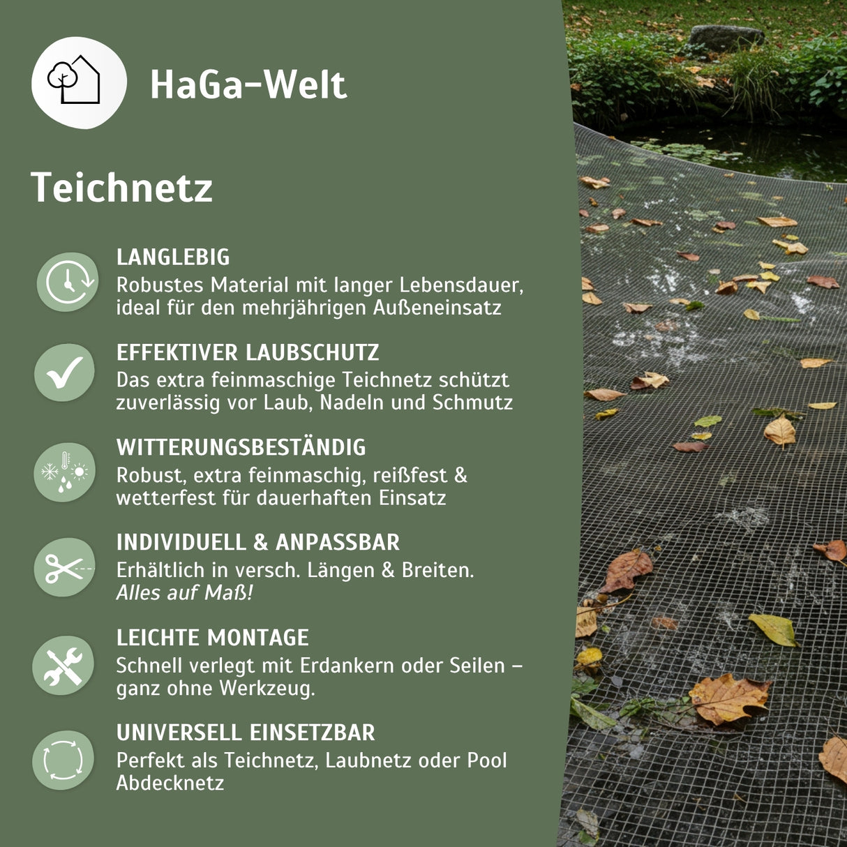 Premium Teichnetz – extra feinmaschig, perfekt als Pool Abdecknetz und Laubnetz für Teiche – HaGa-Welt